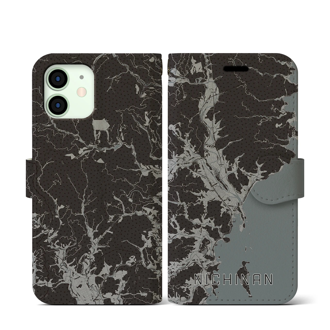 【日南(宮崎県)】地図柄iPhoneケース(手帳タイプ)モノトーン・iPhone 12 mini 用