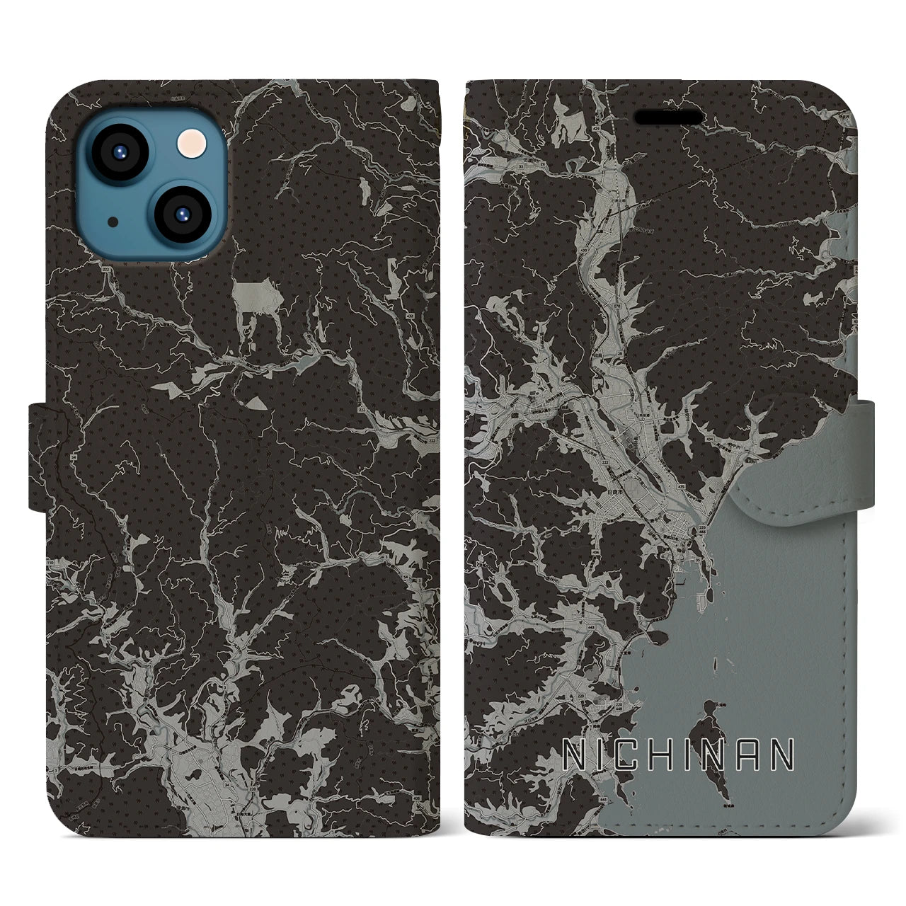 【日南(宮崎県)】地図柄iPhoneケース(手帳タイプ)モノトーン・iPhone 13 用