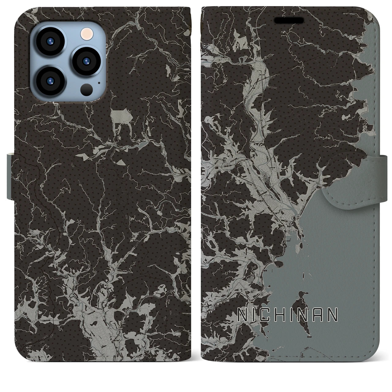 【日南(宮崎県)】地図柄iPhoneケース(手帳タイプ)モノトーン・iPhone 13 Pro Max 用