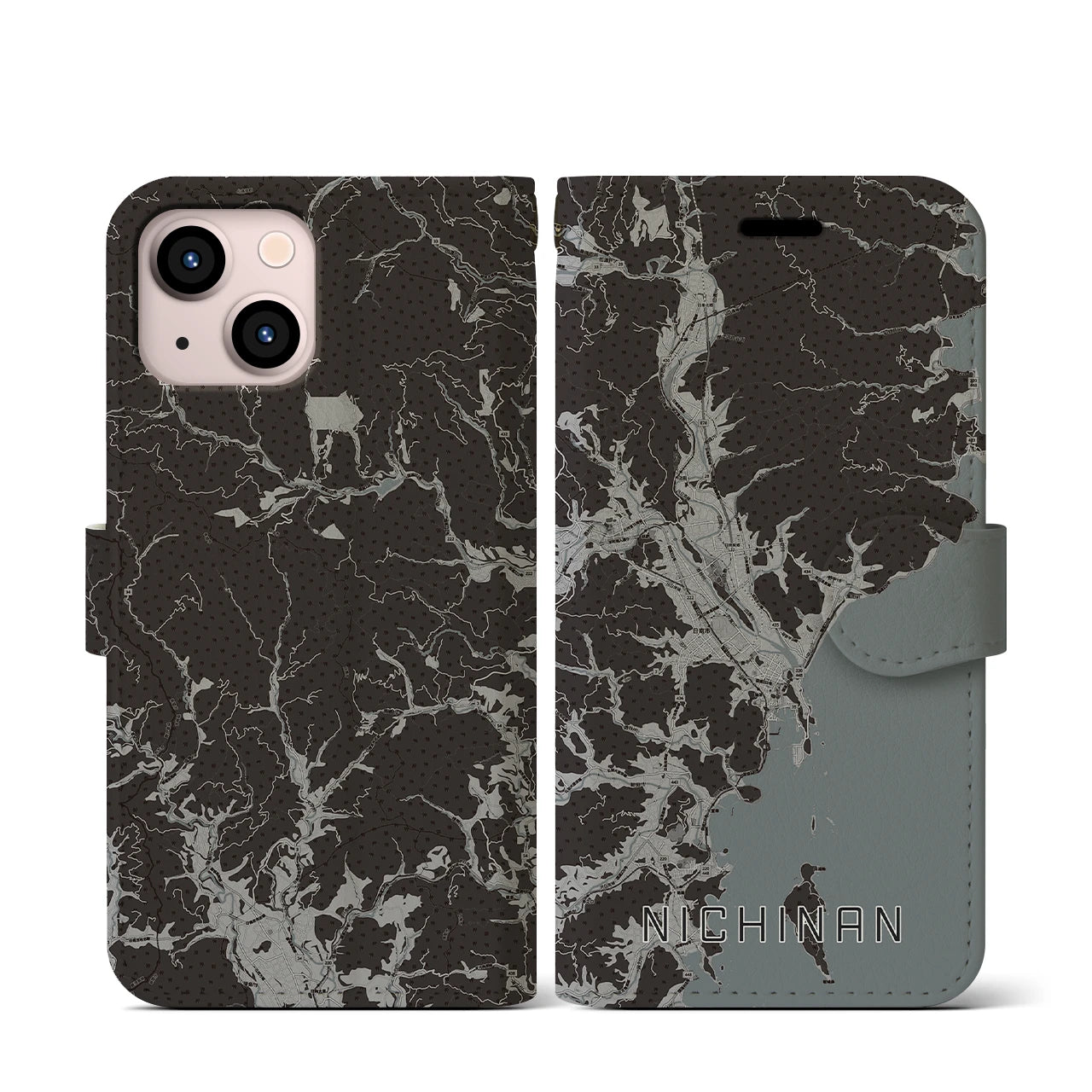 【日南(宮崎県)】地図柄iPhoneケース(手帳タイプ)モノトーン・iPhone 13 mini 用