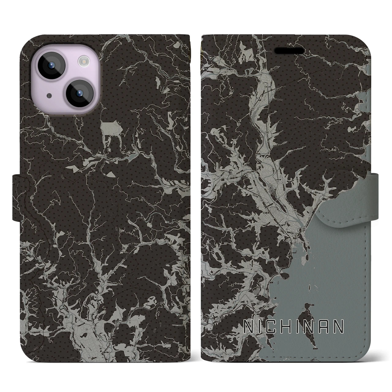 【日南(宮崎県)】地図柄iPhoneケース(手帳タイプ)モノトーン・iPhone 14 用