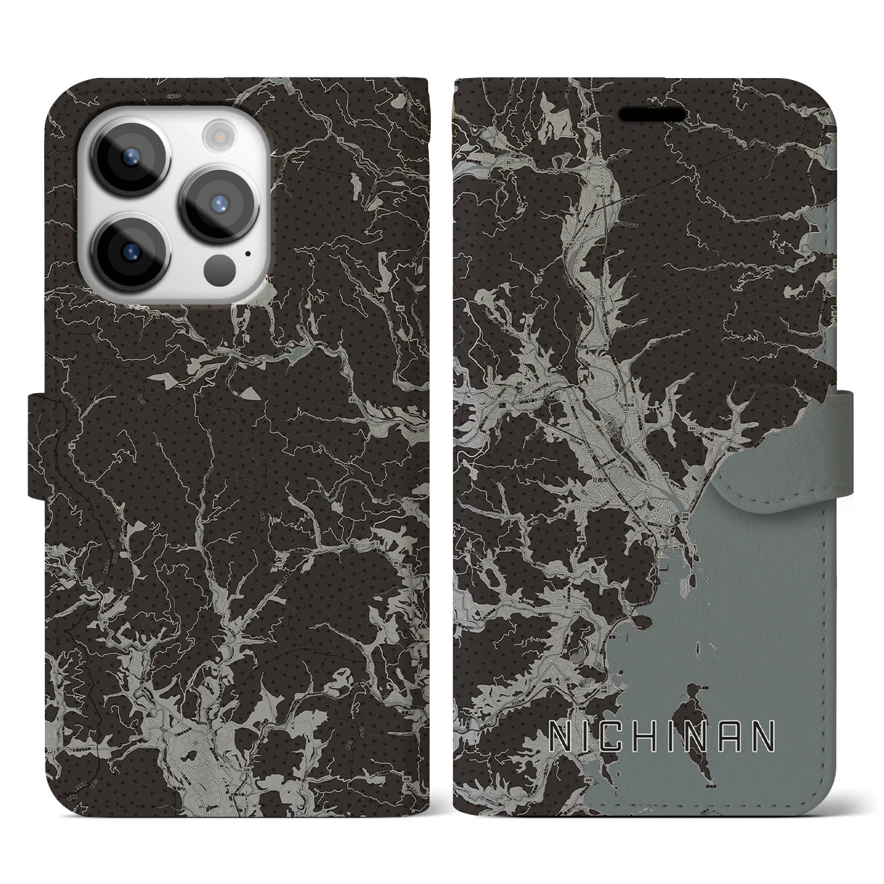 【日南(宮崎県)】地図柄iPhoneケース(手帳タイプ)モノトーン・iPhone 14 Pro 用