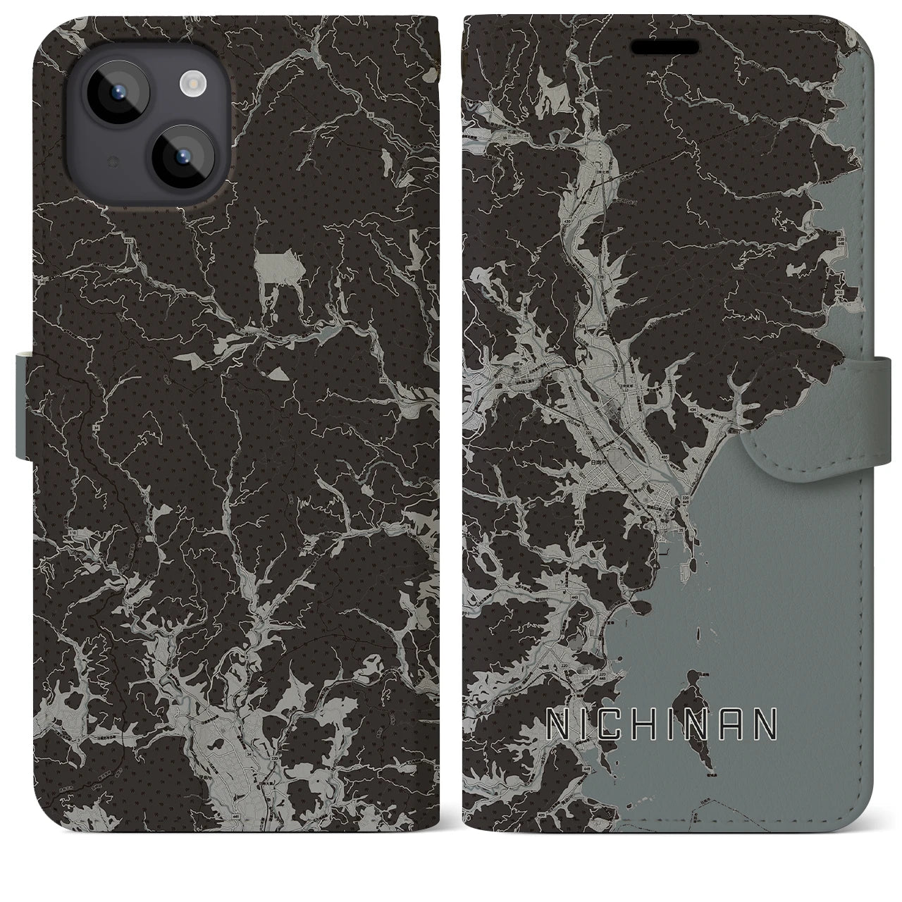 【日南(宮崎県)】地図柄iPhoneケース(手帳タイプ)モノトーン・iPhone 14 Plus 用