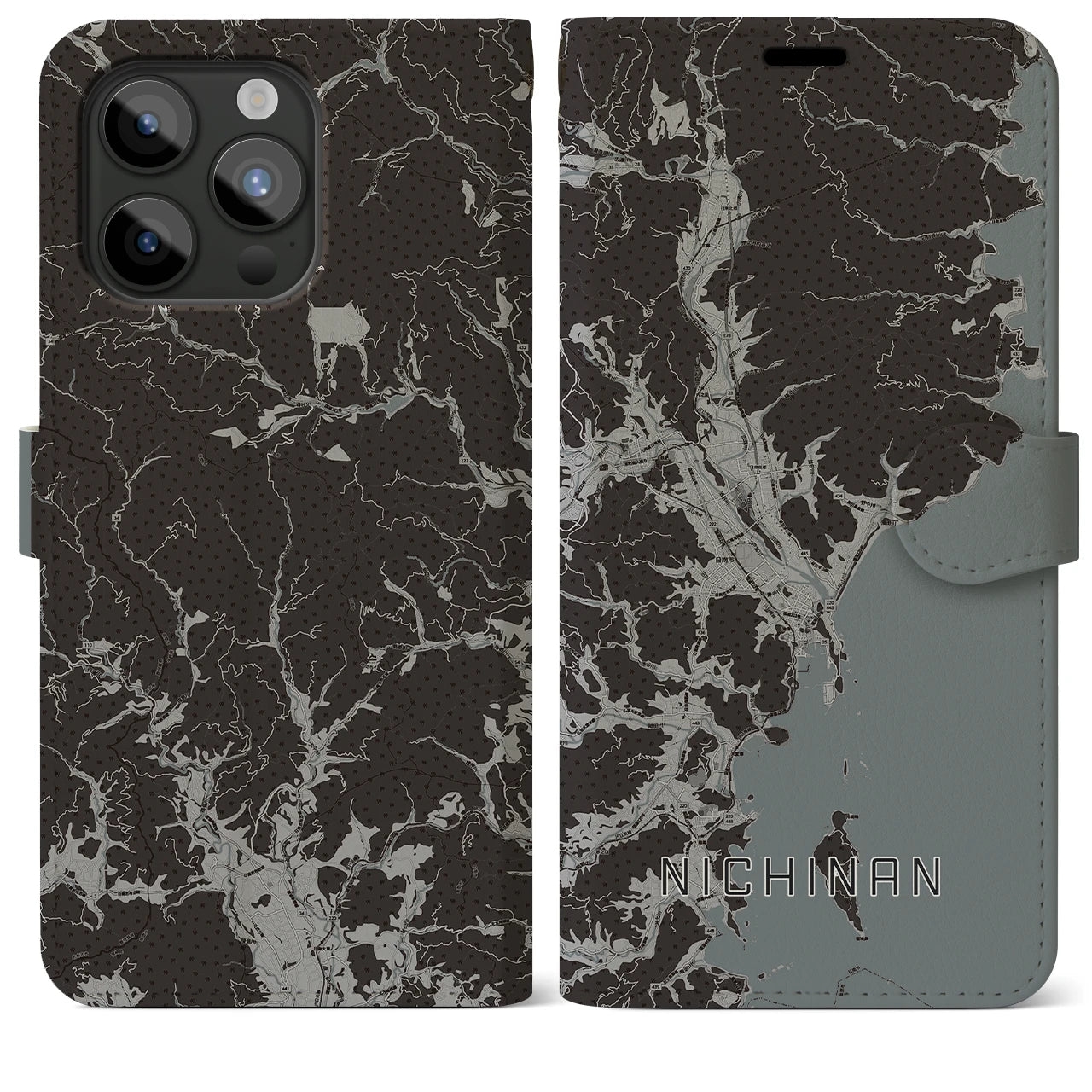 【日南(宮崎県)】地図柄iPhoneケース(手帳タイプ)モノトーン・iPhone 15 Pro Max 用