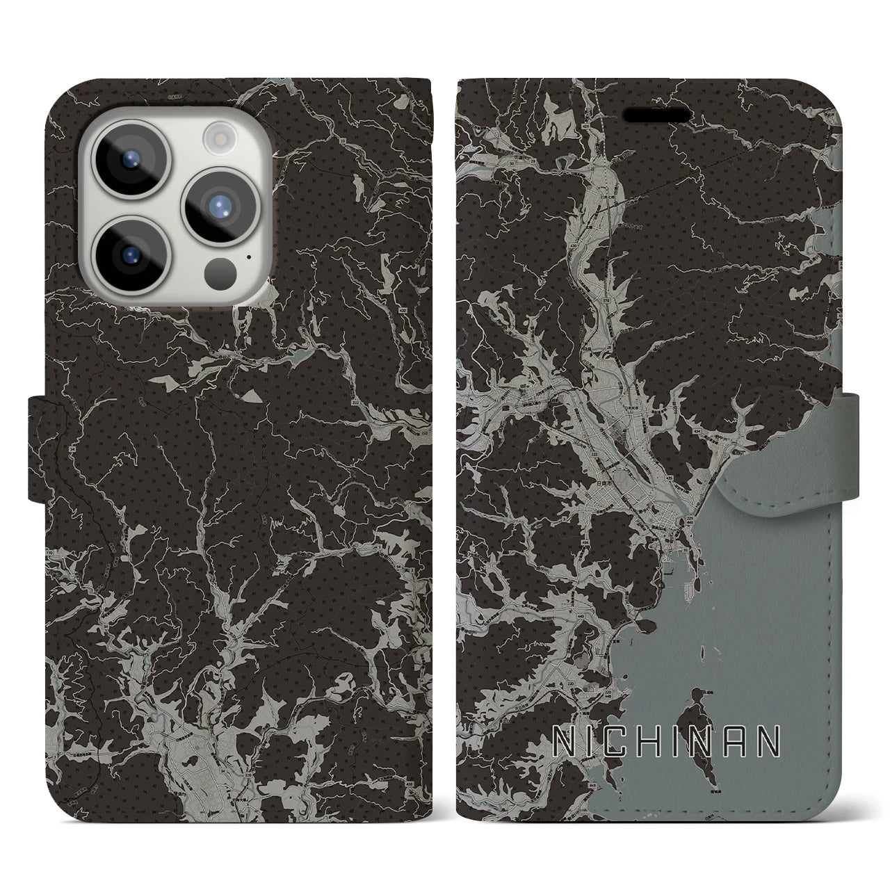 【日南(宮崎県)】地図柄iPhoneケース(手帳タイプ)モノトーン・iPhone 15 Pro 用