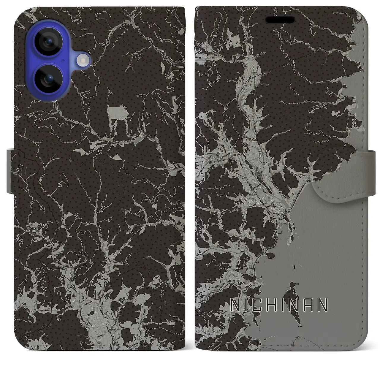 【日南(宮崎県)】地図柄iPhoneケース(手帳タイプ)モノトーン・iPhone 16 Pro Max 用