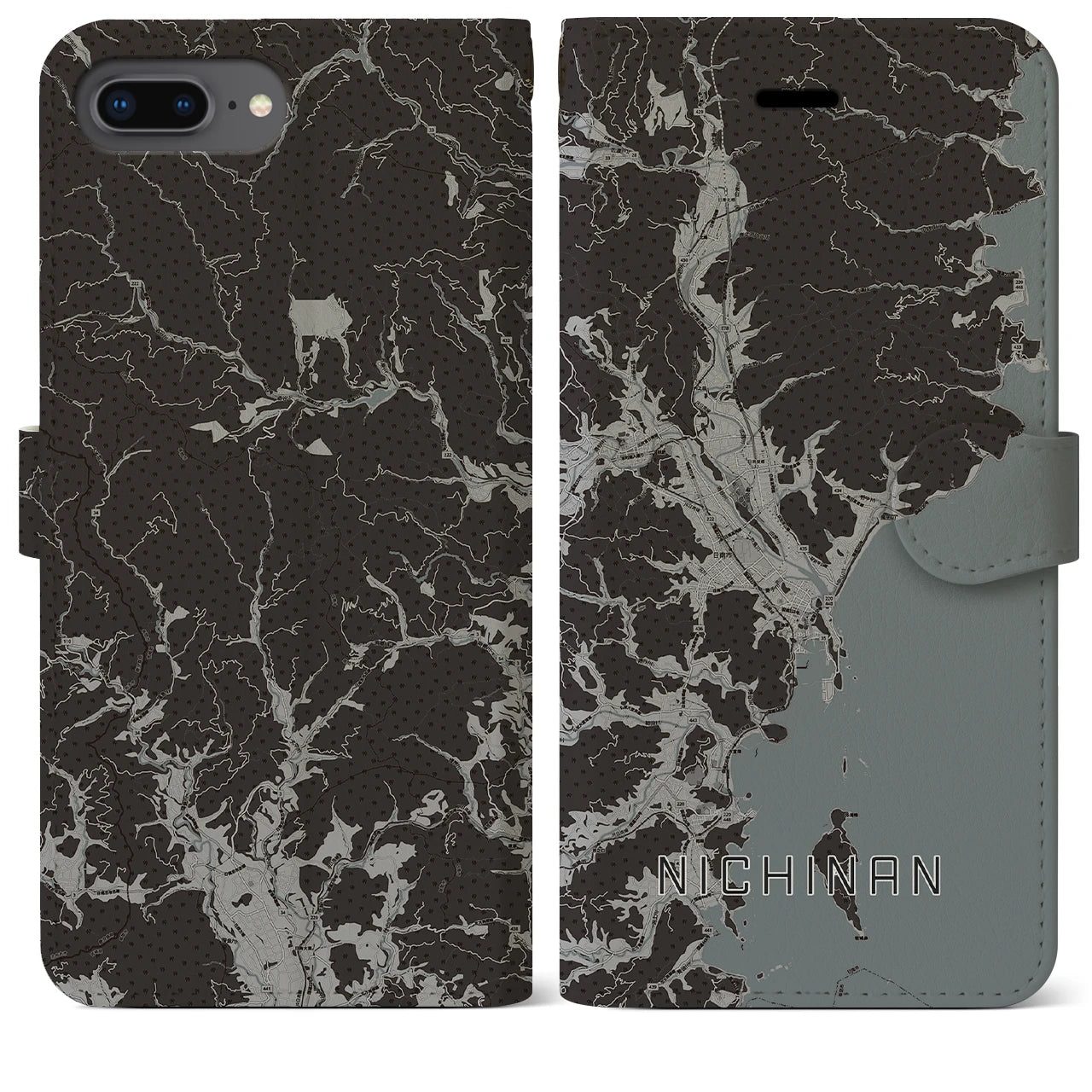 【日南(宮崎県)】地図柄iPhoneケース(手帳タイプ)モノトーン・iPhone 8Plus /7Plus / 6sPlus / 6Plus 用