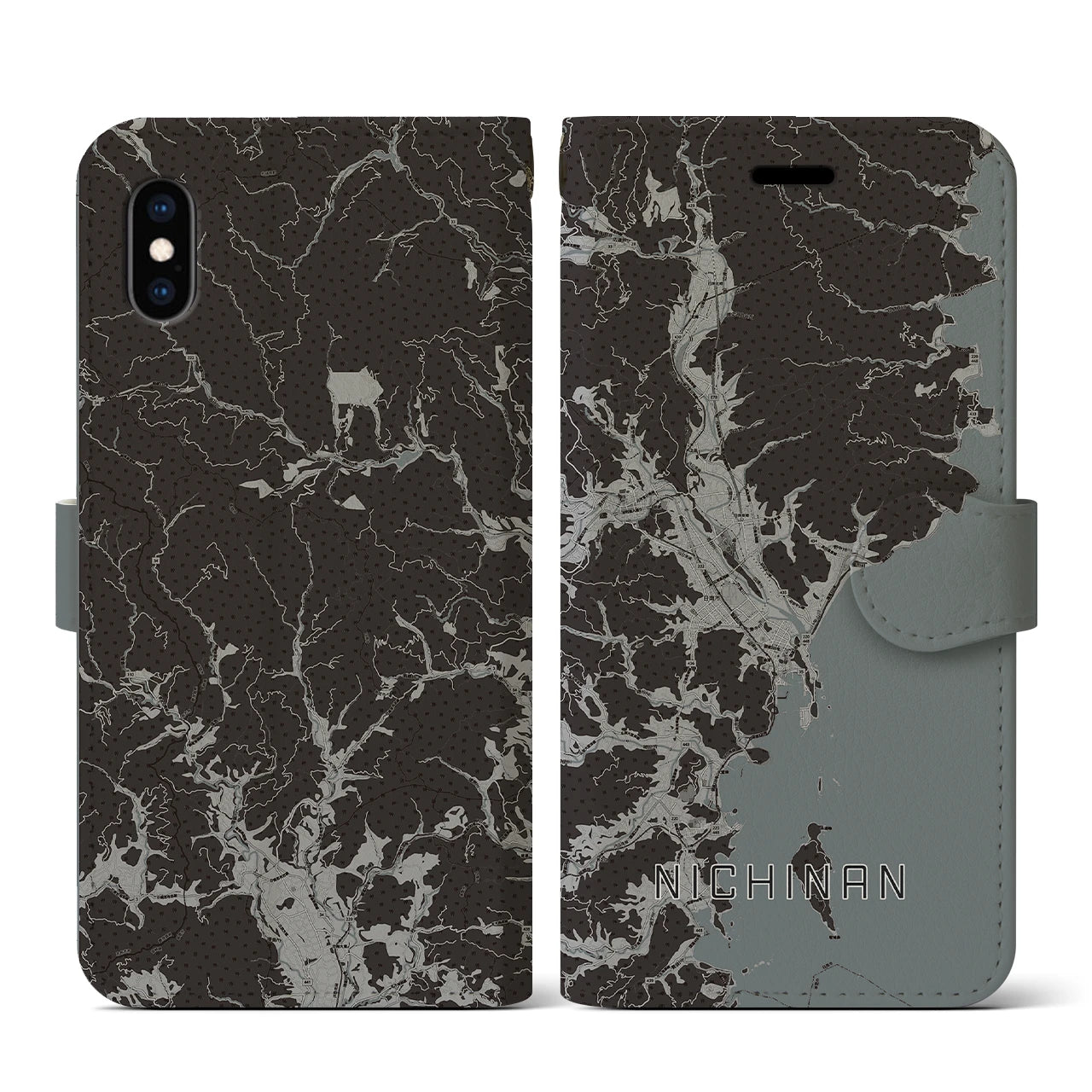 【日南(宮崎県)】地図柄iPhoneケース(手帳タイプ)モノトーン・iPhone XS / X 用