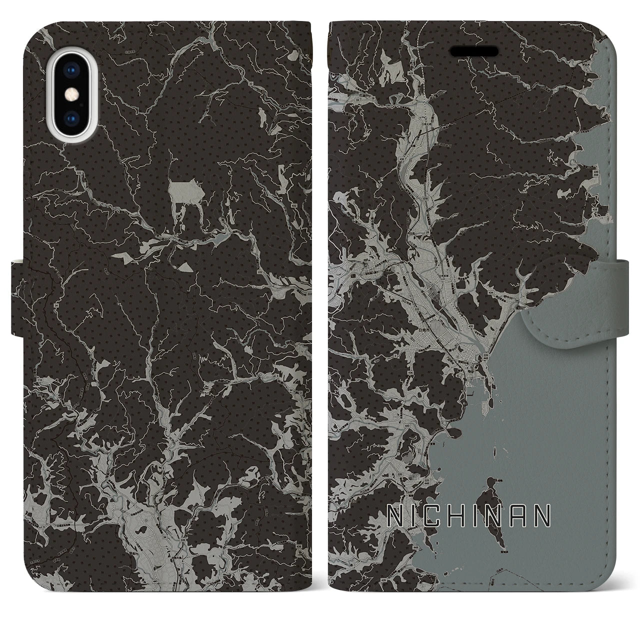 【日南(宮崎県)】地図柄iPhoneケース(手帳タイプ)モノトーン・iPhone XS Max 用
