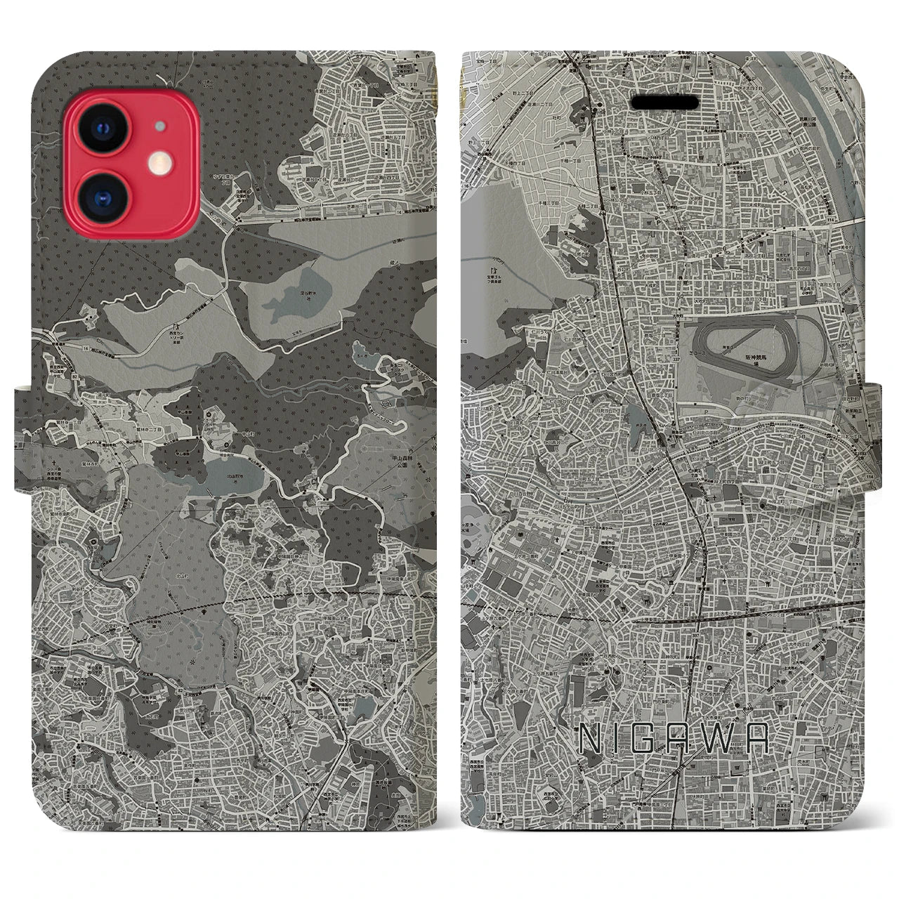 【仁川(兵庫県)】地図柄iPhoneケース(手帳タイプ)モノトーン・iPhone 11 用