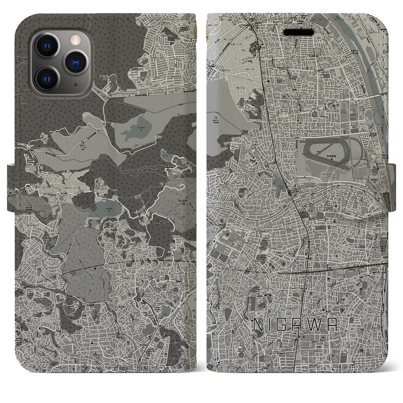 【仁川(兵庫県)】地図柄iPhoneケース(手帳タイプ)モノトーン・iPhone 11 Pro Max 用