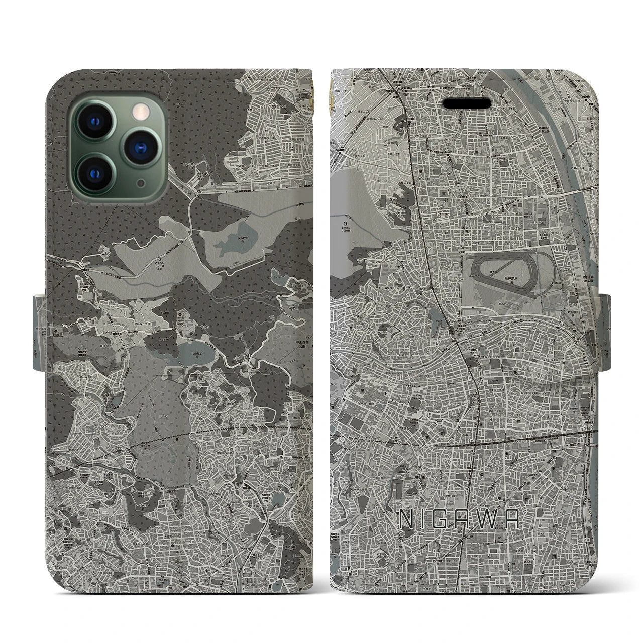 【仁川(兵庫県)】地図柄iPhoneケース(手帳タイプ)モノトーン・iPhone 11 Pro 用