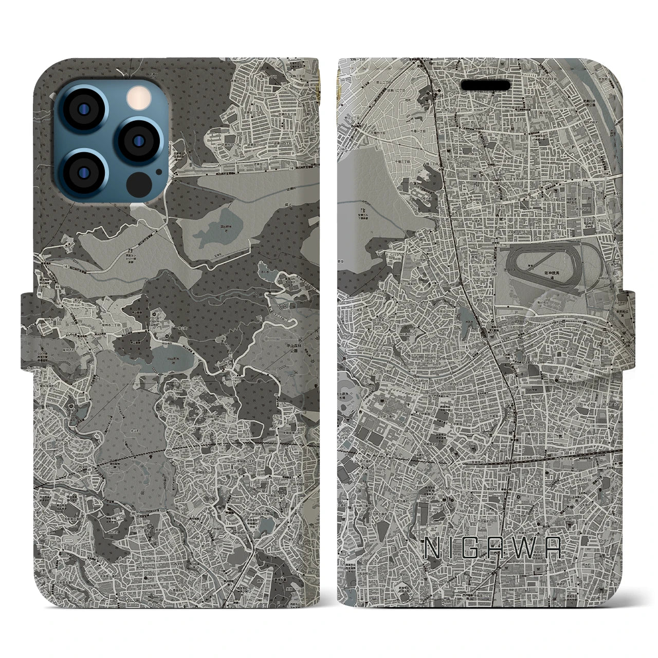 【仁川(兵庫県)】地図柄iPhoneケース(手帳タイプ)モノトーン・iPhone 12 / 12 Pro 用