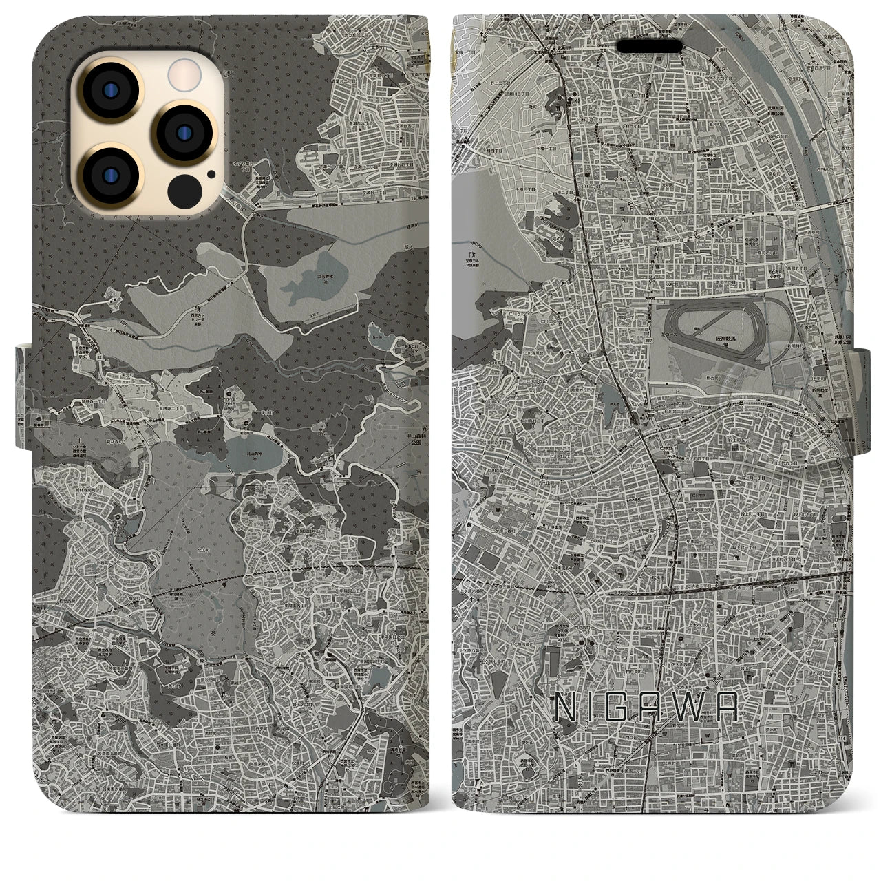 【仁川(兵庫県)】地図柄iPhoneケース(手帳タイプ)モノトーン・iPhone 12 Pro Max 用