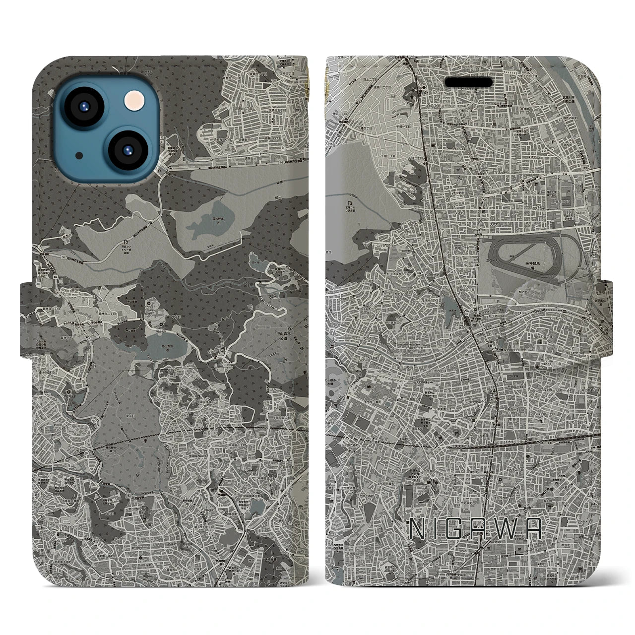 【仁川(兵庫県)】地図柄iPhoneケース(手帳タイプ)モノトーン・iPhone 13 用