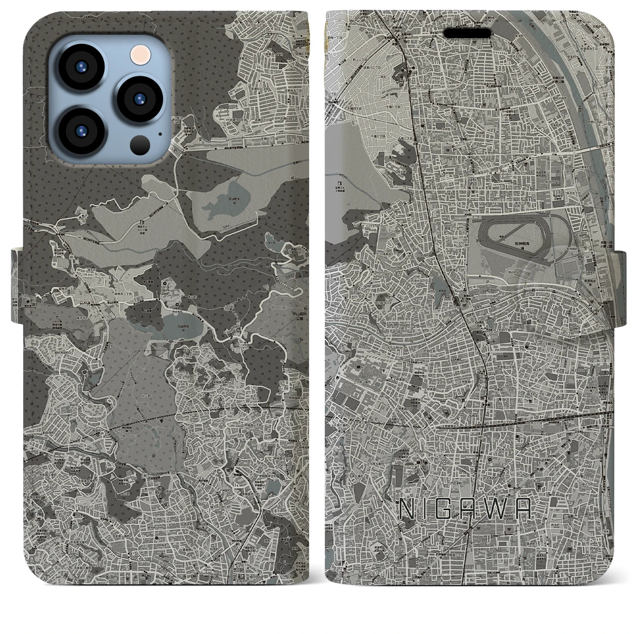 【仁川(兵庫県)】地図柄iPhoneケース(手帳タイプ)モノトーン・iPhone 13 Pro Max 用