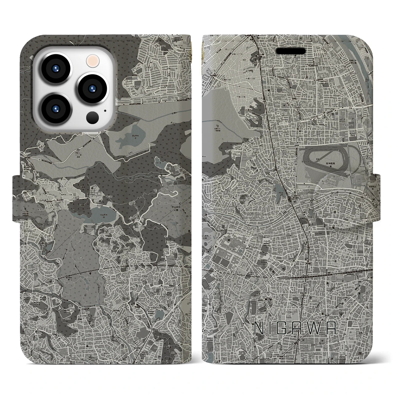 【仁川(兵庫県)】地図柄iPhoneケース(手帳タイプ)モノトーン・iPhone 13 Pro 用