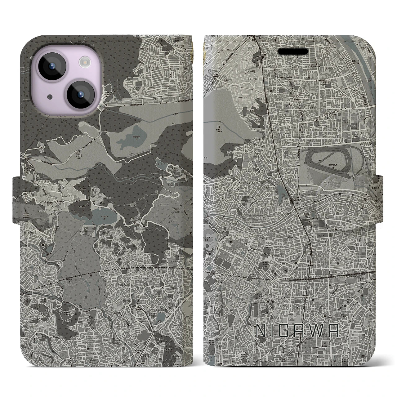 【仁川(兵庫県)】地図柄iPhoneケース(手帳タイプ)モノトーン・iPhone 14 用