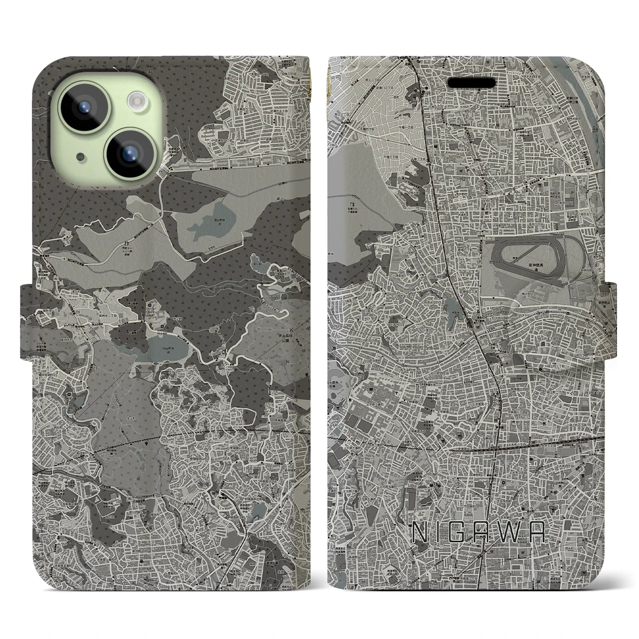 【仁川(兵庫県)】地図柄iPhoneケース(手帳タイプ)モノトーン・iPhone 15 用
