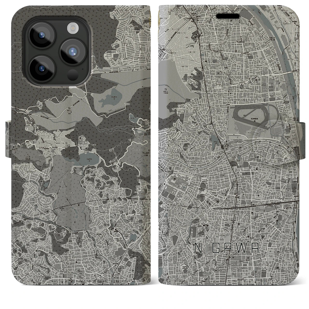 【仁川(兵庫県)】地図柄iPhoneケース(手帳タイプ)モノトーン・iPhone 15 Pro Max 用