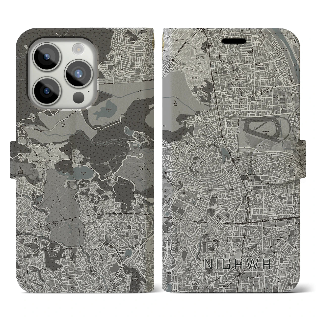 【仁川(兵庫県)】地図柄iPhoneケース(手帳タイプ)モノトーン・iPhone 15 Pro 用