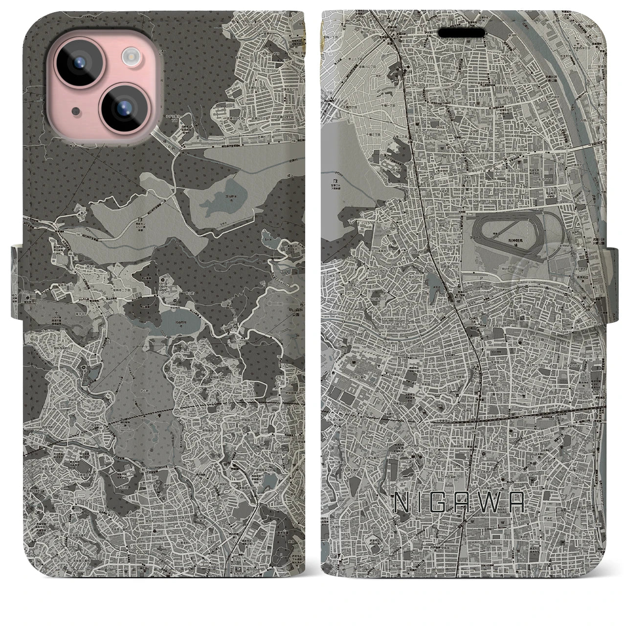 【仁川(兵庫県)】地図柄iPhoneケース(手帳タイプ)モノトーン・iPhone 15 Plus 用