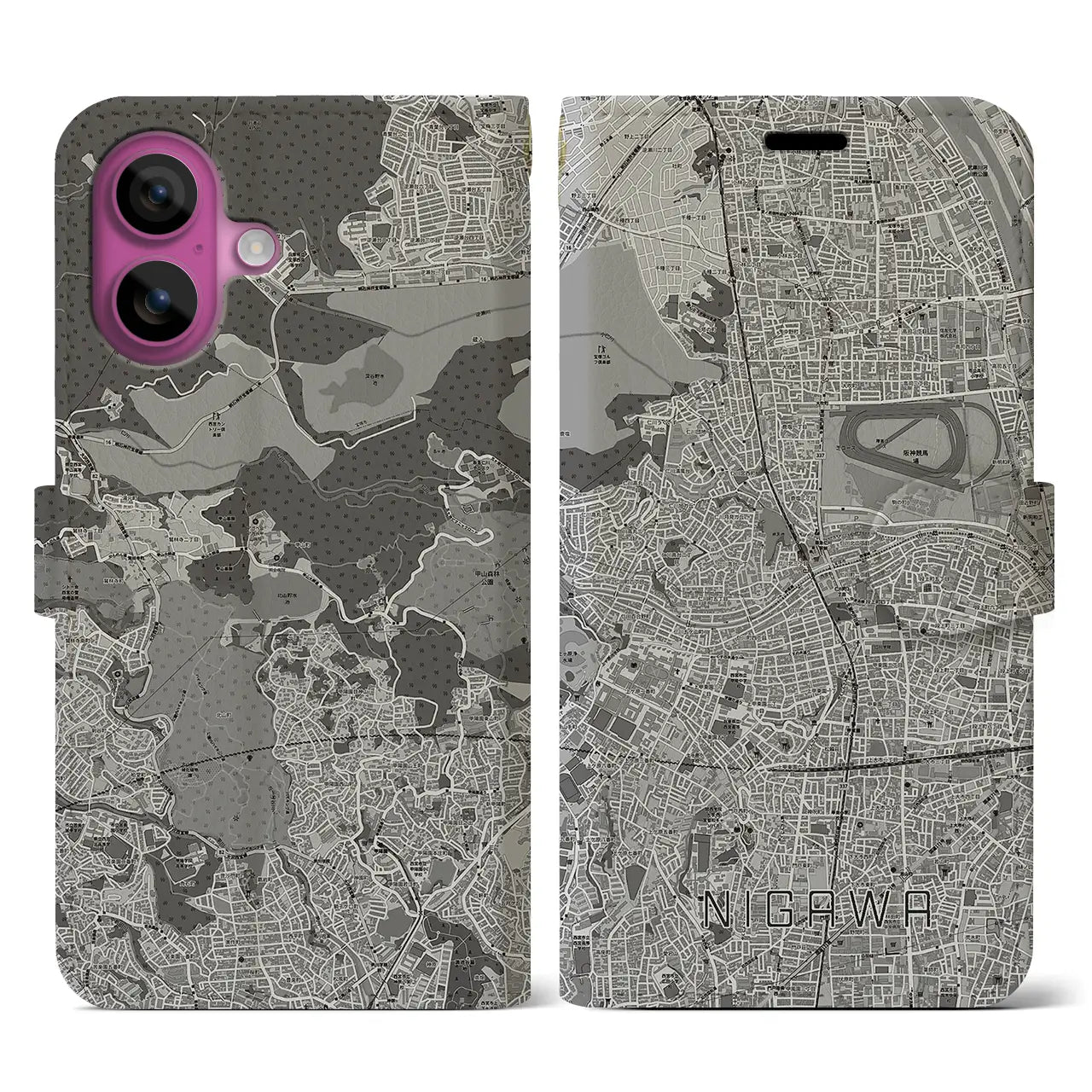 【仁川(兵庫県)】地図柄iPhoneケース(手帳タイプ)モノトーン・iPhone 16 Pro 用