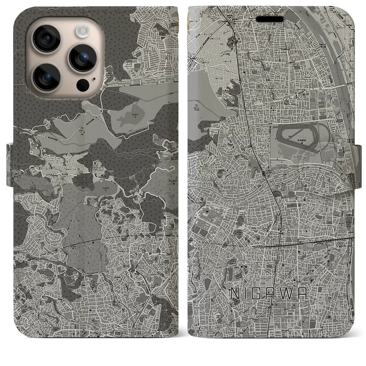 【仁川(兵庫県)】地図柄iPhoneケース(手帳タイプ)モノトーン・iPhone 16 Plus 用