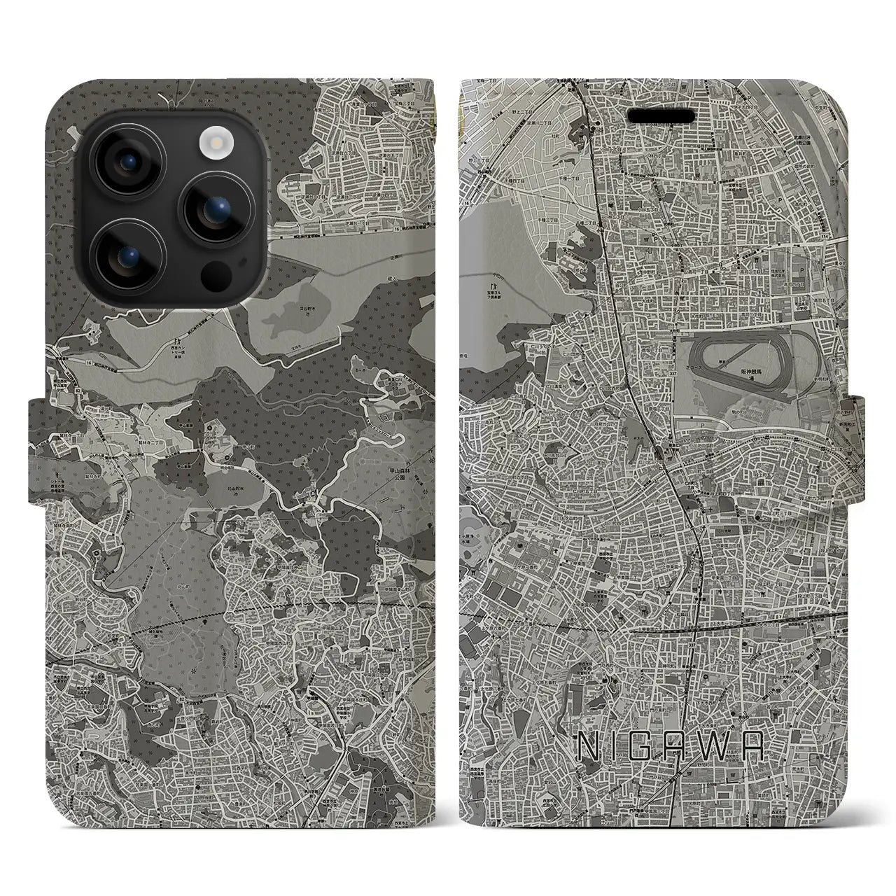 【仁川(兵庫県)】地図柄iPhoneケース(手帳タイプ)モノトーン・iPhone 16 用