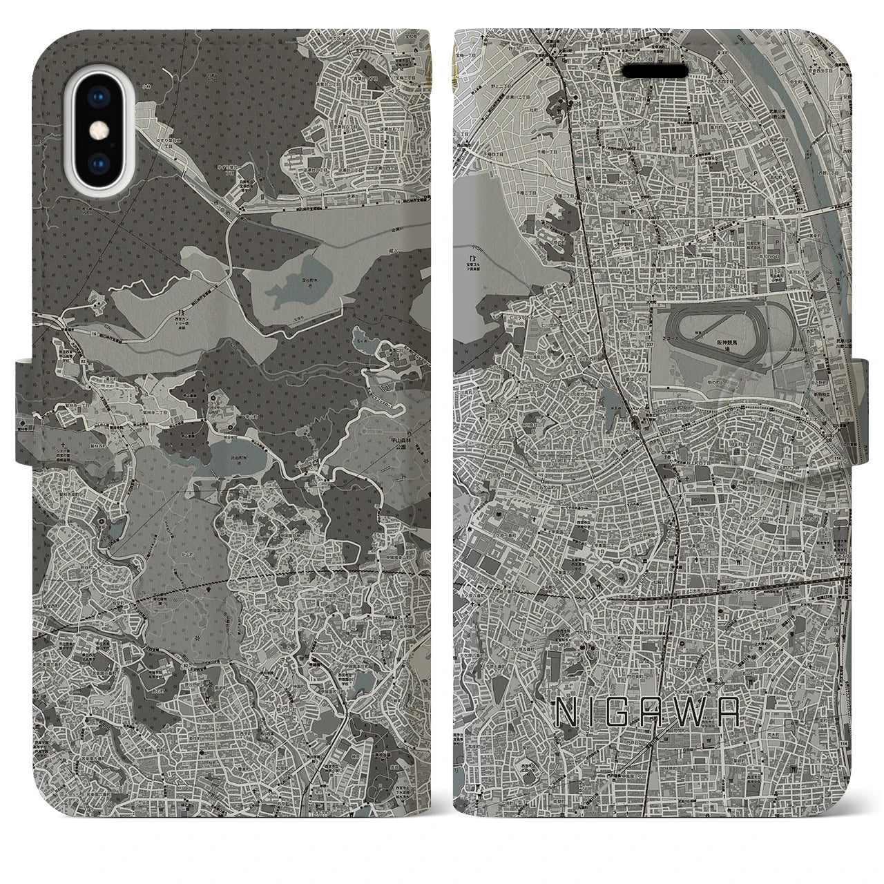 【仁川(兵庫県)】地図柄iPhoneケース(手帳タイプ)モノトーン・iPhone XS Max 用