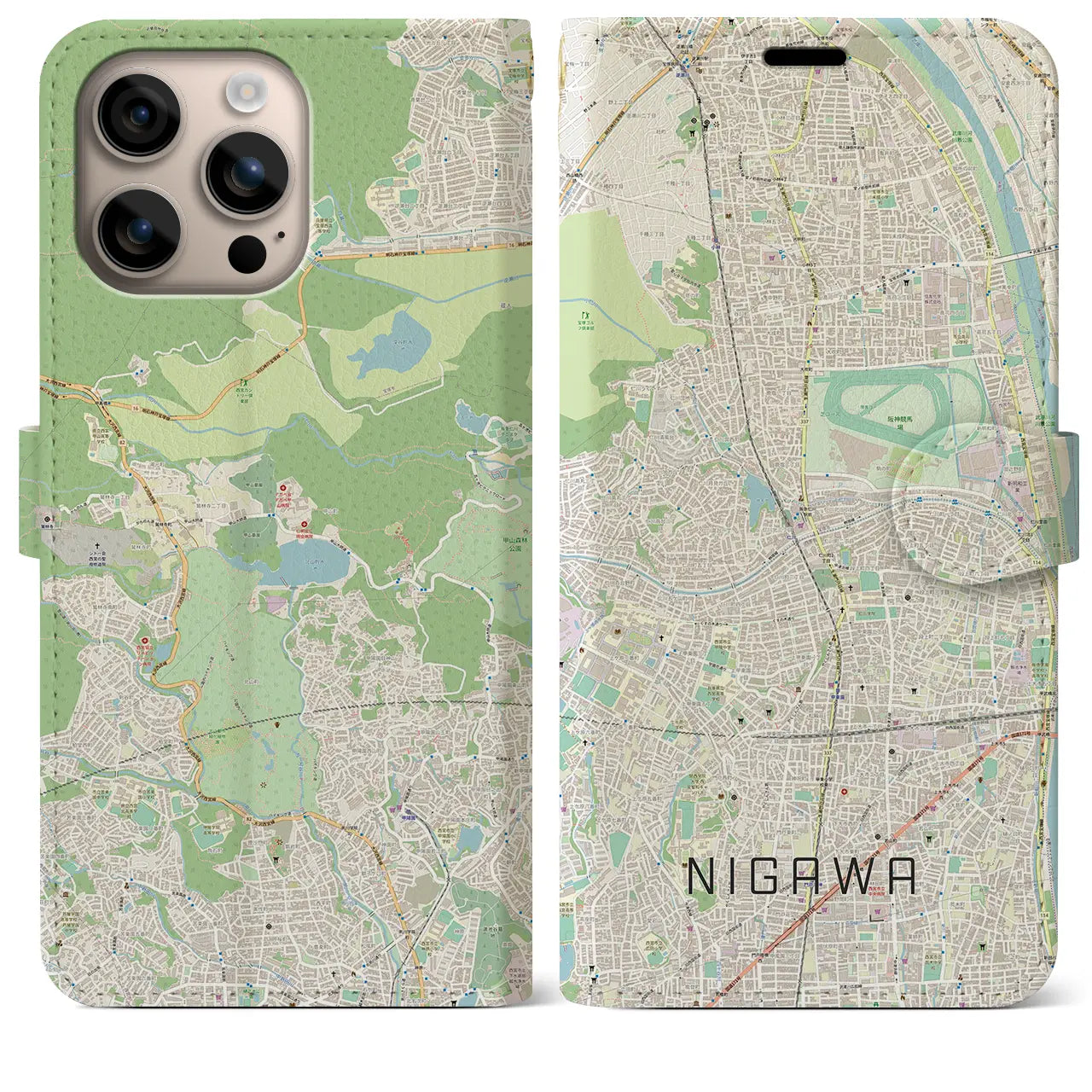 【仁川(兵庫県)】地図柄iPhoneケース(手帳タイプ)ナチュラル・iPhone 16 Plus 用