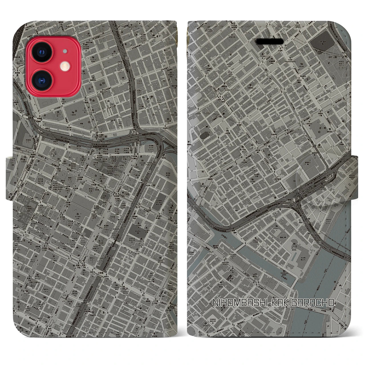 【日本橋蛎殻町(東京都)】地図柄iPhoneケース(手帳タイプ)モノトーン・iPhone 11 用