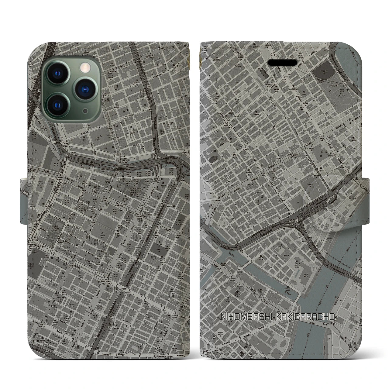 【日本橋蛎殻町(東京都)】地図柄iPhoneケース(手帳タイプ)モノトーン・iPhone 11 Pro 用