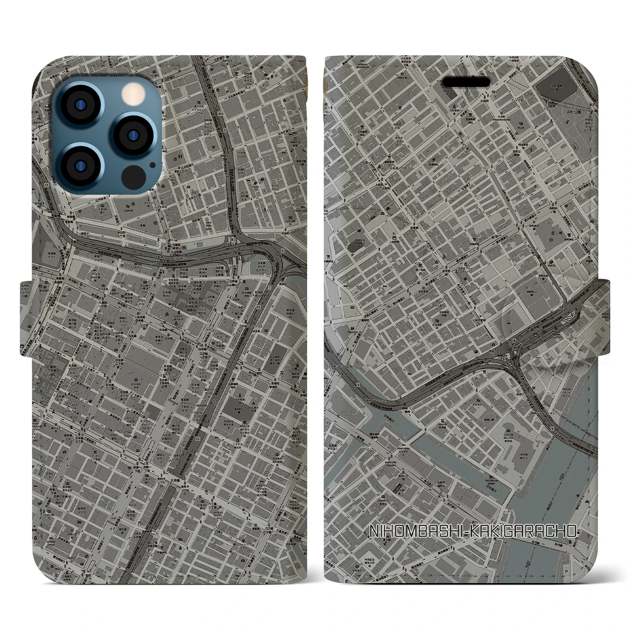 【日本橋蛎殻町(東京都)】地図柄iPhoneケース(手帳タイプ)モノトーン・iPhone 12 / 12 Pro 用