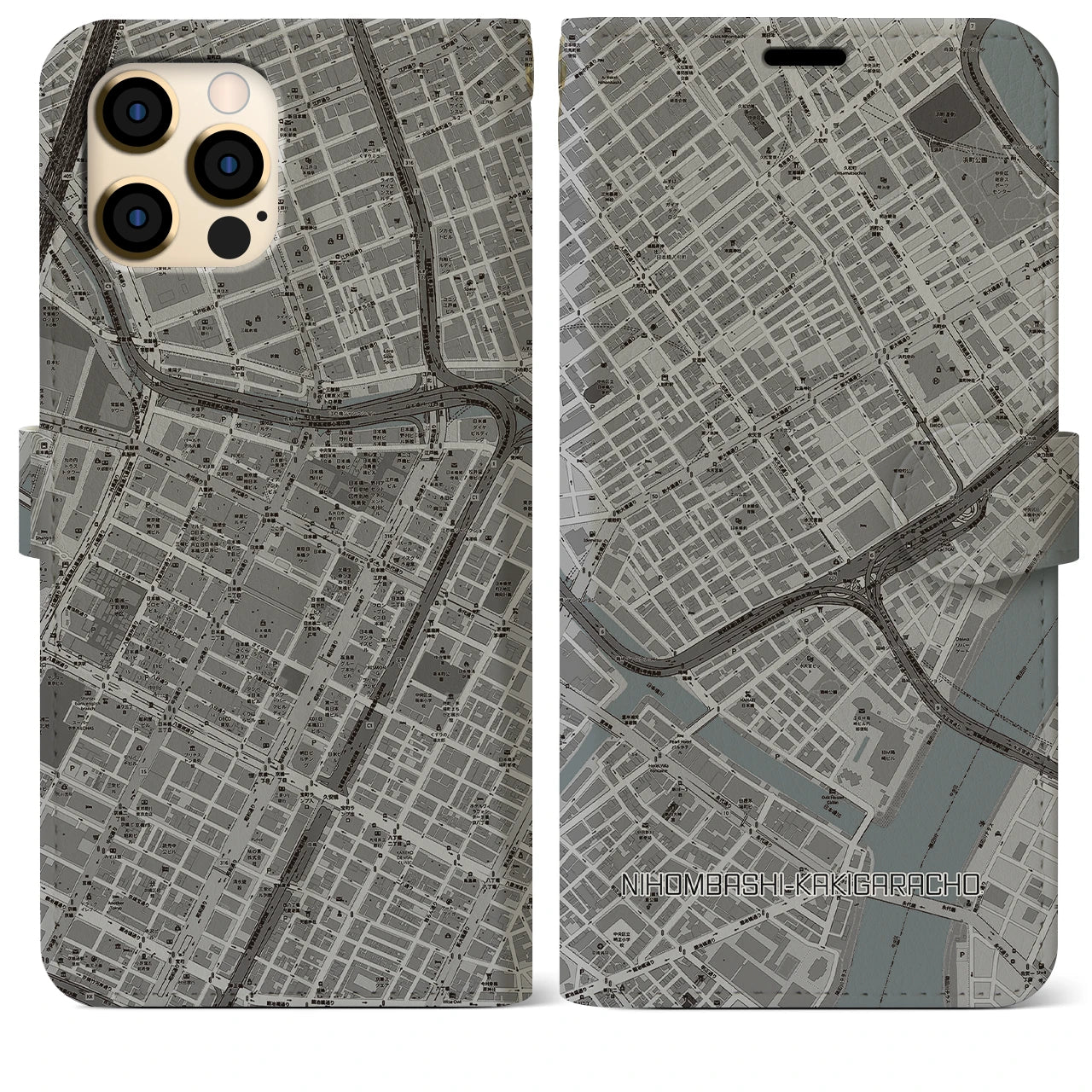【日本橋蛎殻町(東京都)】地図柄iPhoneケース(手帳タイプ)モノトーン・iPhone 12 Pro Max 用
