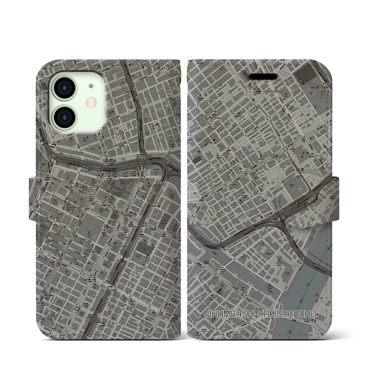 【日本橋蛎殻町(東京都)】地図柄iPhoneケース(手帳タイプ)モノトーン・iPhone 12 mini 用