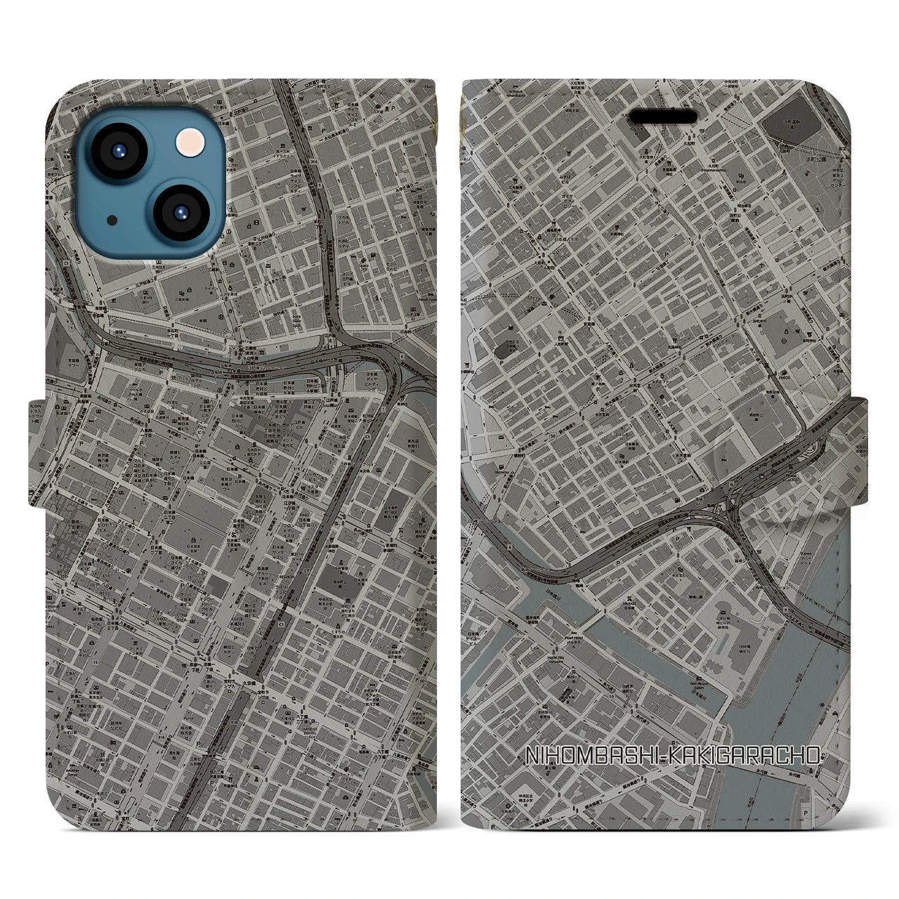 【日本橋蛎殻町(東京都)】地図柄iPhoneケース(手帳タイプ)モノトーン・iPhone 13 用