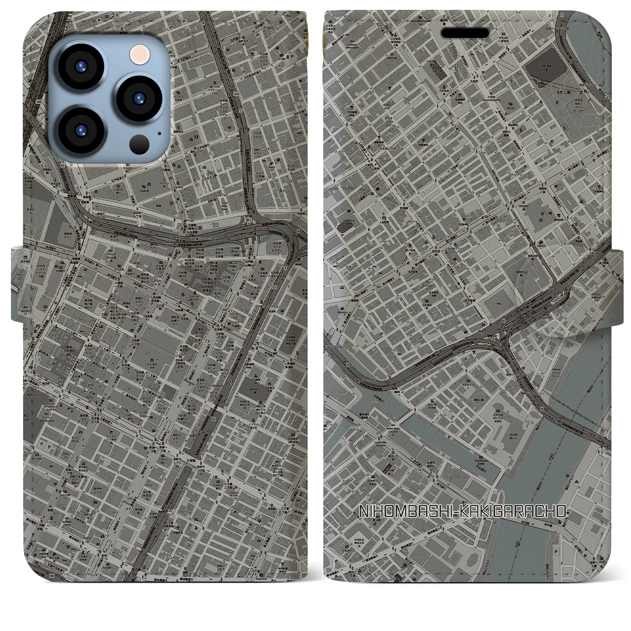 【日本橋蛎殻町(東京都)】地図柄iPhoneケース(手帳タイプ)モノトーン・iPhone 13 Pro Max 用