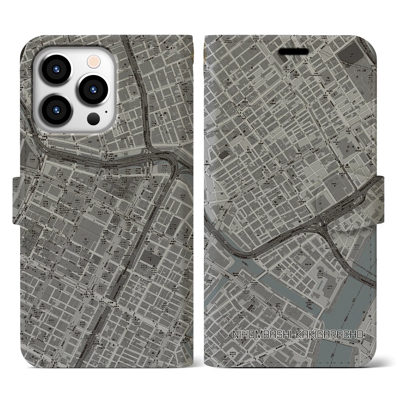 【日本橋蛎殻町(東京都)】地図柄iPhoneケース(手帳タイプ)モノトーン・iPhone 13 Pro 用