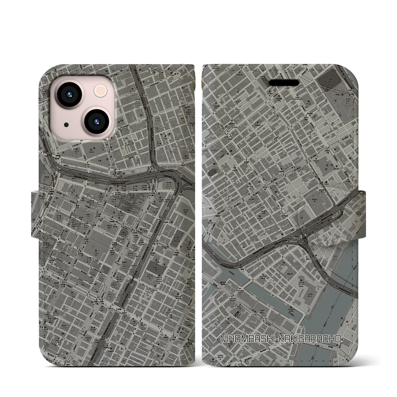 【日本橋蛎殻町(東京都)】地図柄iPhoneケース(手帳タイプ)モノトーン・iPhone 13 mini 用