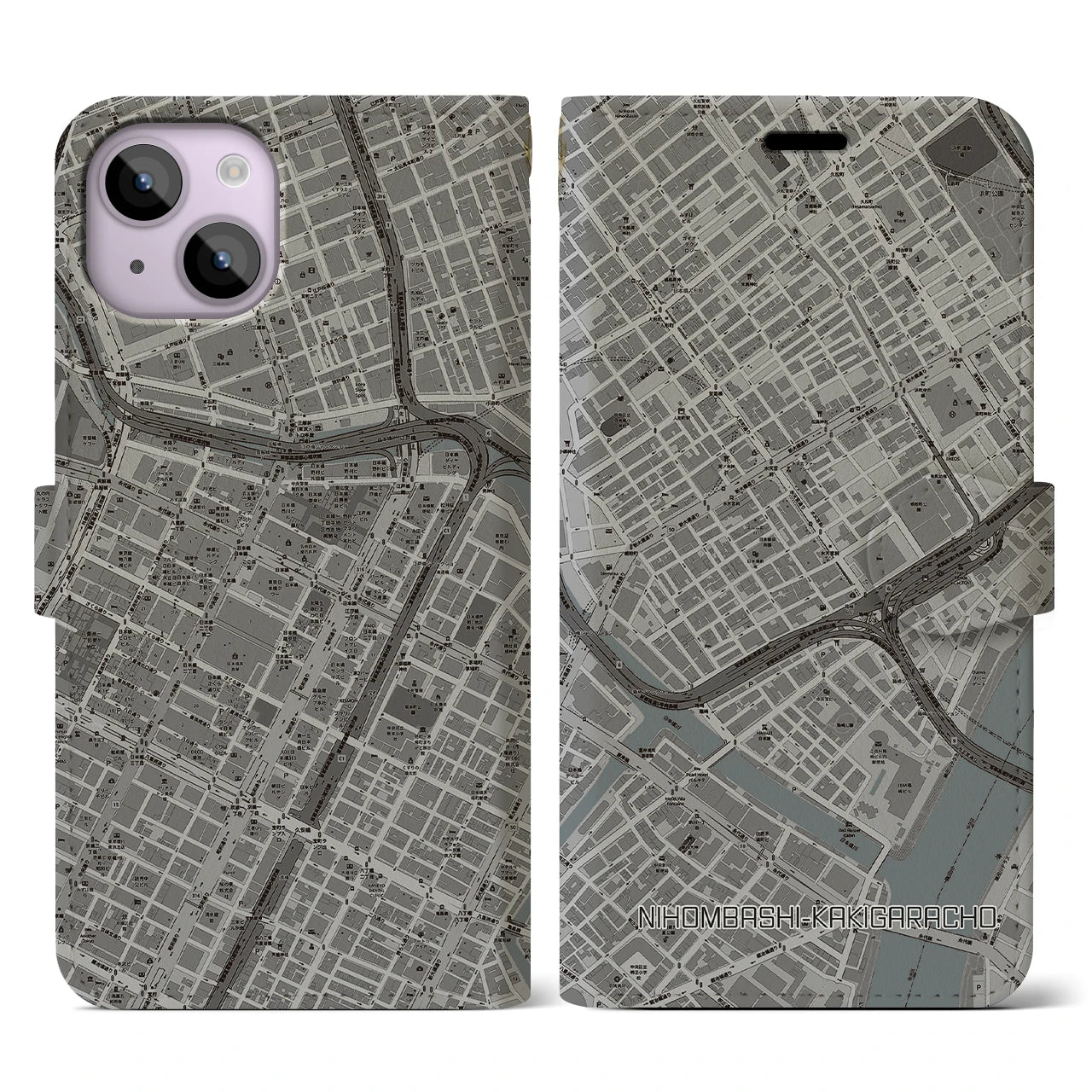 【日本橋蛎殻町(東京都)】地図柄iPhoneケース(手帳タイプ)モノトーン・iPhone 14 用