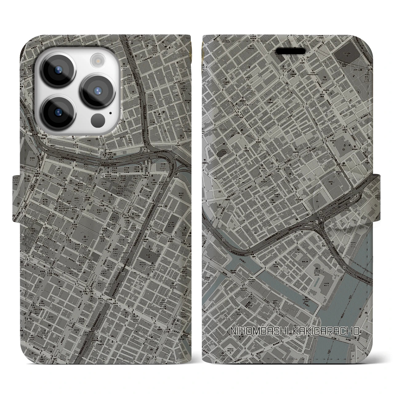 【日本橋蛎殻町(東京都)】地図柄iPhoneケース(手帳タイプ)モノトーン・iPhone 14 Pro 用