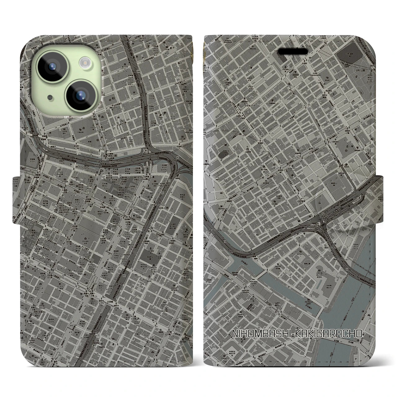 【日本橋蛎殻町(東京都)】地図柄iPhoneケース(手帳タイプ)モノトーン・iPhone 15 用