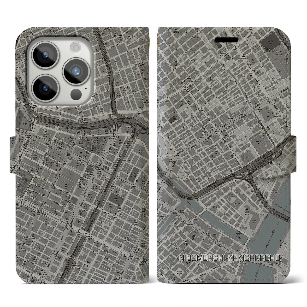 【日本橋蛎殻町(東京都)】地図柄iPhoneケース(手帳タイプ)モノトーン・iPhone 15 Pro 用