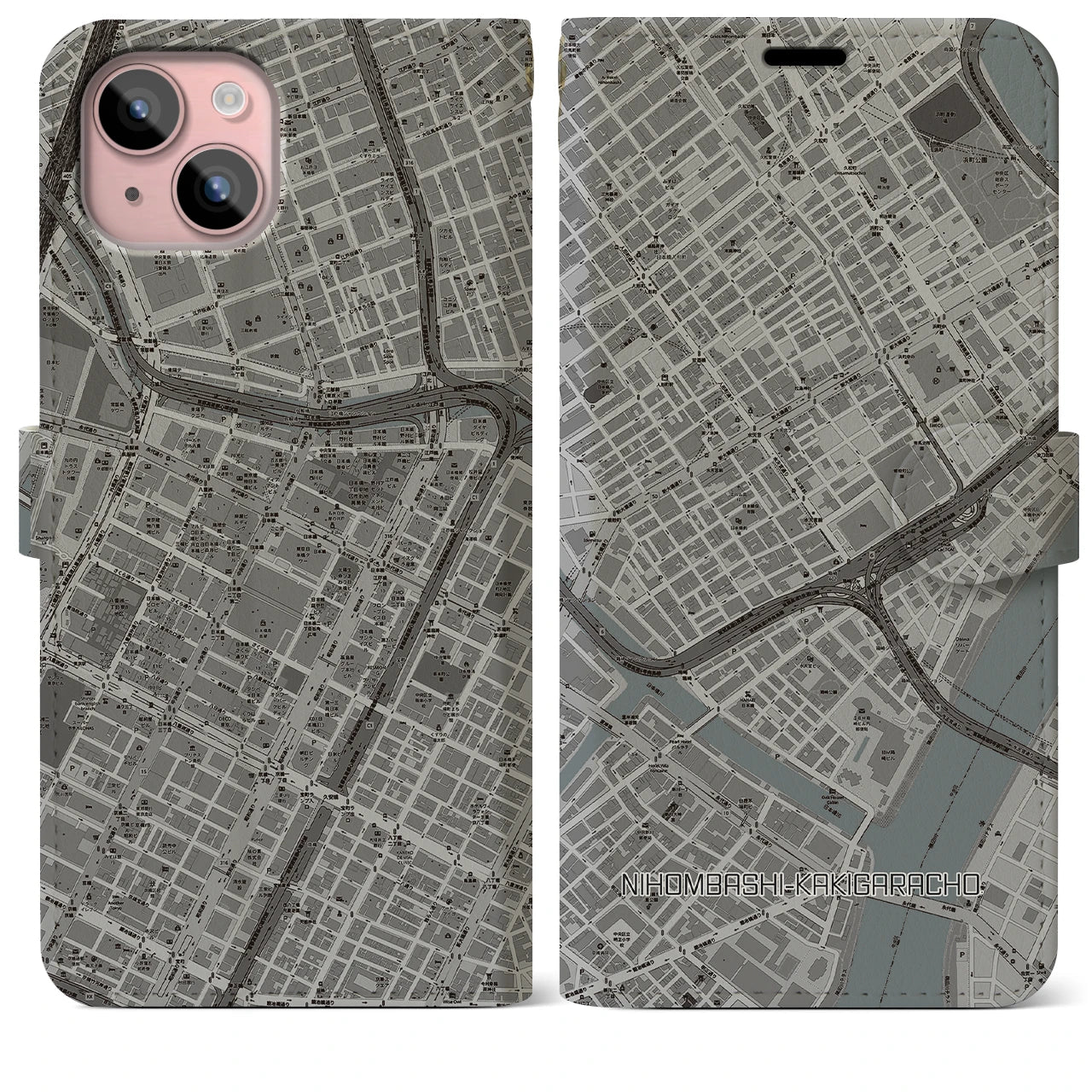 【日本橋蛎殻町(東京都)】地図柄iPhoneケース(手帳タイプ)モノトーン・iPhone 15 Plus 用