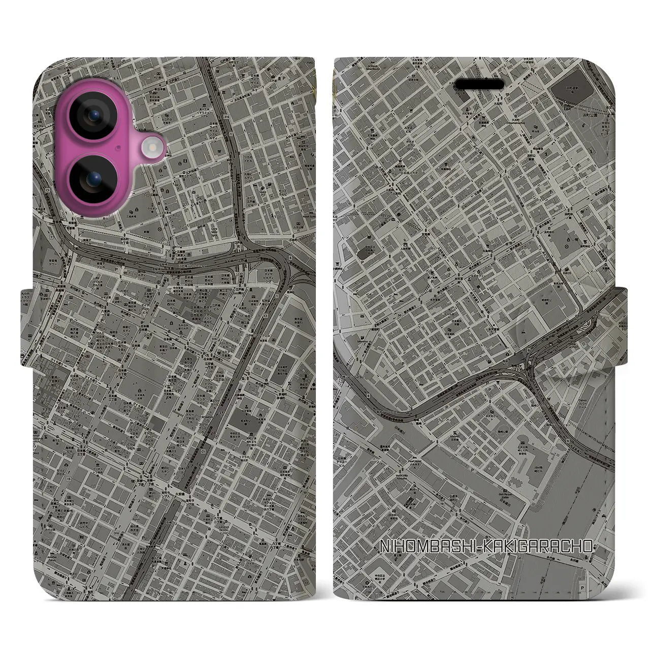 【日本橋蛎殻町(東京都)】地図柄iPhoneケース(手帳タイプ)モノトーン・iPhone 16 Pro 用