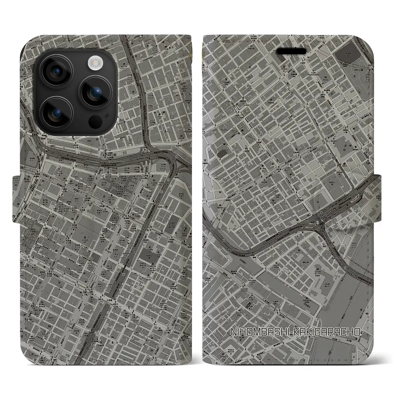 【日本橋蛎殻町(東京都)】地図柄iPhoneケース(手帳タイプ)モノトーン・iPhone 16 用