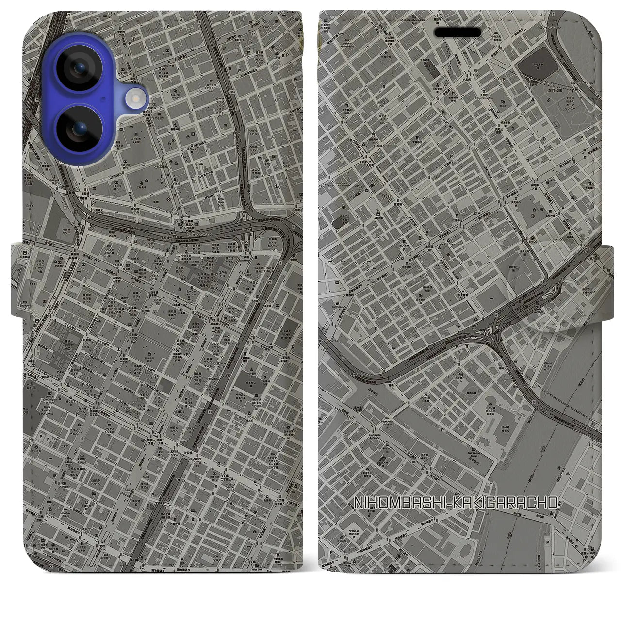 【日本橋蛎殻町(東京都)】地図柄iPhoneケース(手帳タイプ)モノトーン・iPhone 16 Pro Max 用