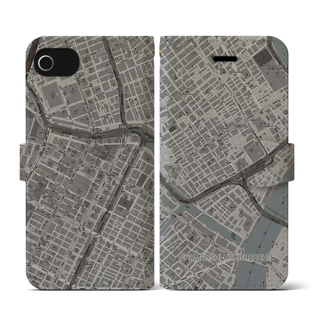 【日本橋蛎殻町(東京都)】地図柄iPhoneケース(手帳タイプ)モノトーン・iPhone SE(第3 / 第2世代) / 8 / 7 / 6s / 6 用