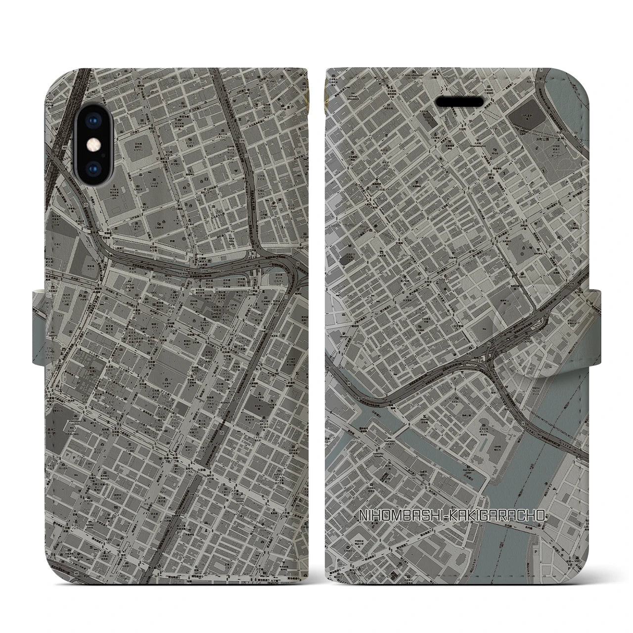 【日本橋蛎殻町(東京都)】地図柄iPhoneケース(手帳タイプ)モノトーン・iPhone XS / X 用